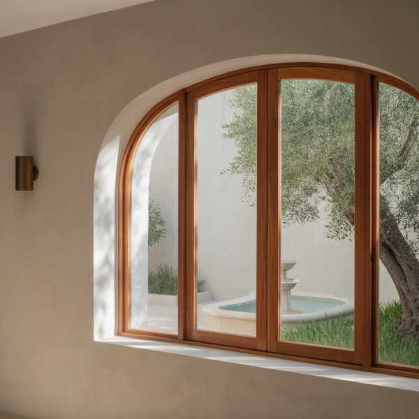 Baie vitrée en bois cintré